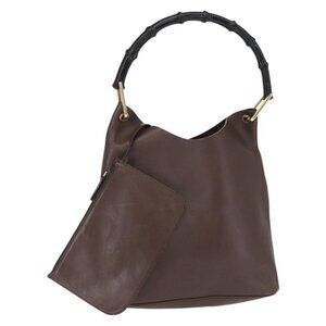 Authentic GUCCI Bamboo Shoulder Bag Leather Dark Brown Gold 001 1553 1880